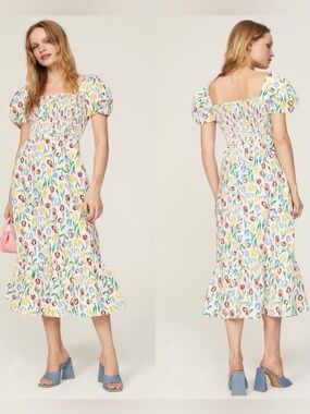 HVN Holland Tulip Smocked White Floral Midi Dress with Puff Sleeves P13